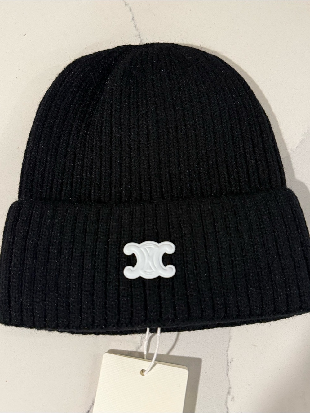 Celine Black Ribbed Knit Beanie with White Emblem